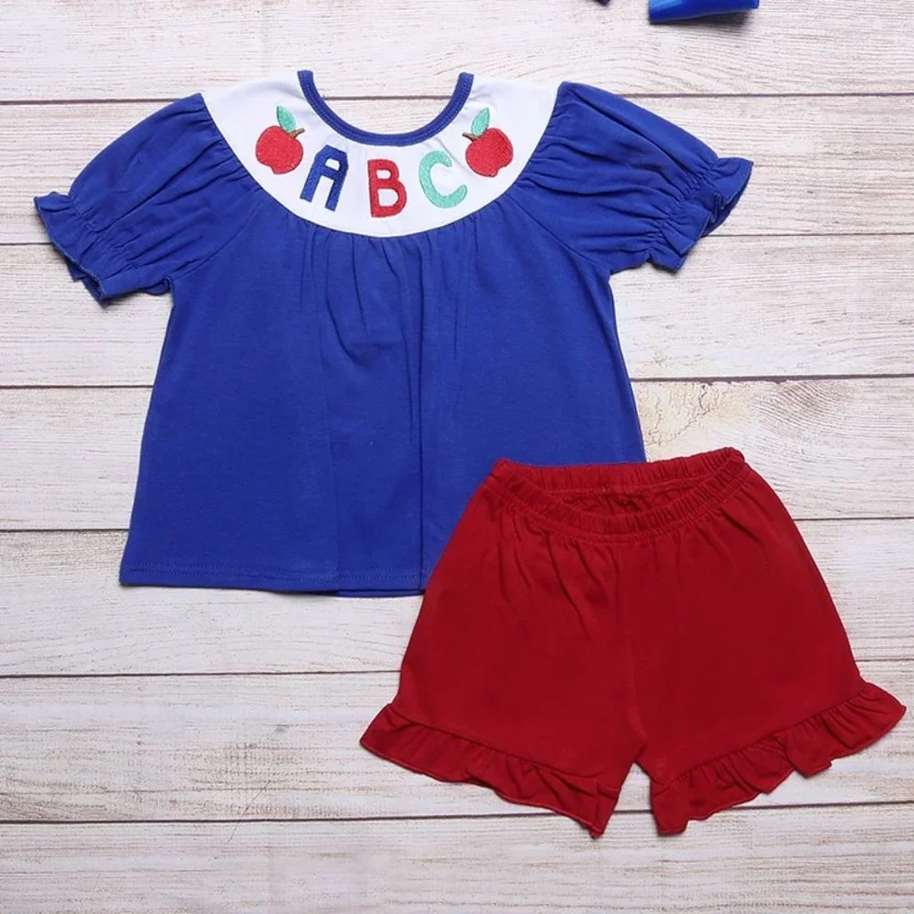 Boutique Back to School Embroidered ABC Tunic Girls Shorts Outfit Set